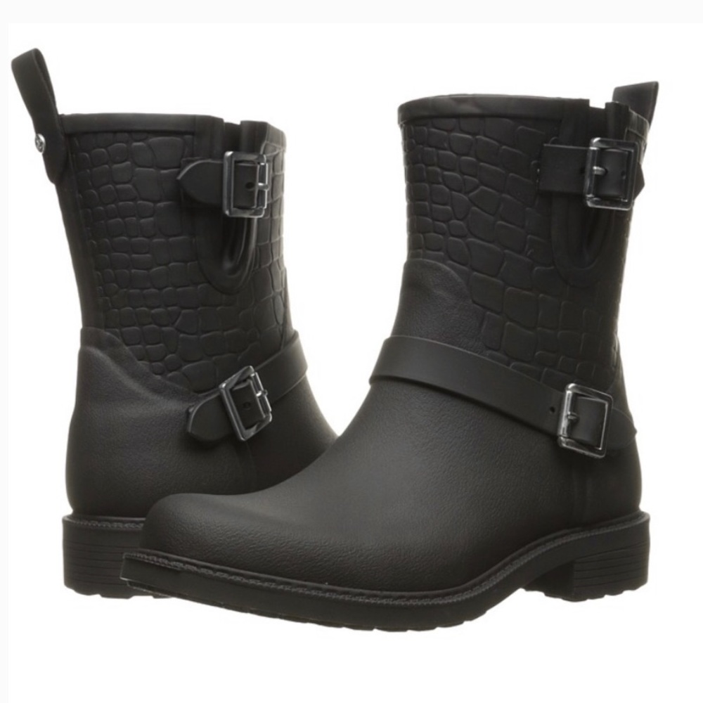 Sam Edelman Keigen Black Short Crocodile Patterned Rain Boots